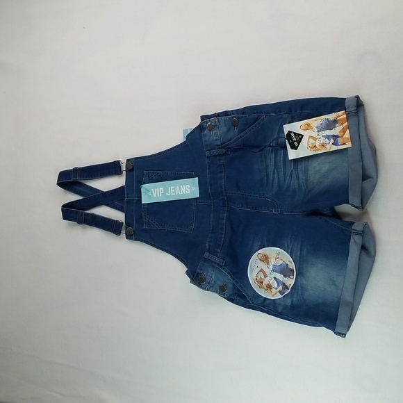 Size 15/16 V.I.P. Jeans Distressed Blue Removable Strap UNISEX Overalls - Picture 1 of 15